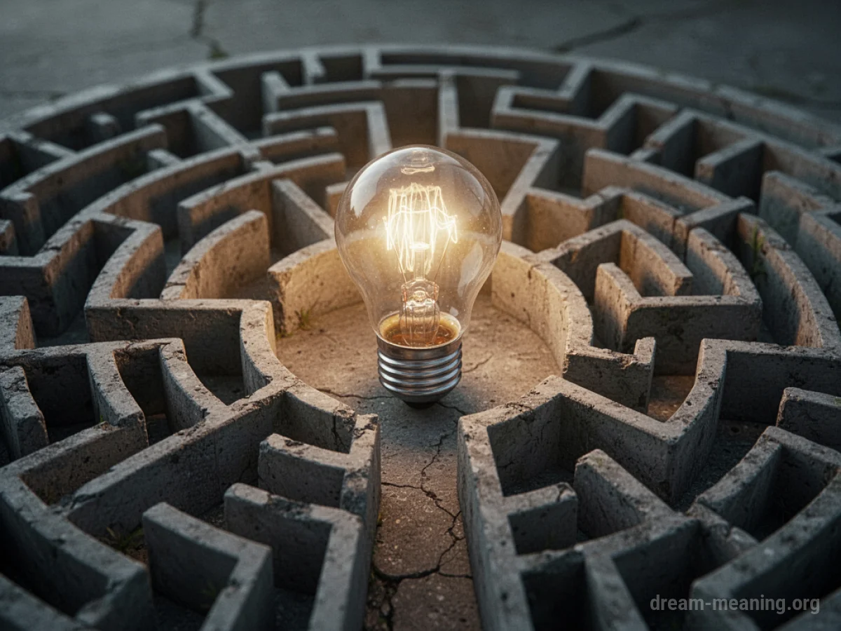 A bright lightbulb shines down on a dark, intricate maze.