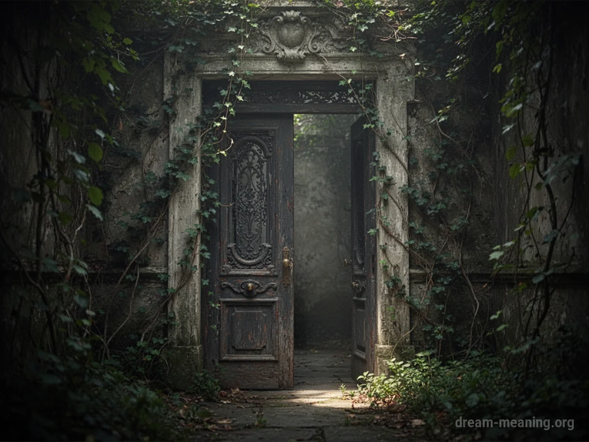 A stone doorway covered in ivy, with a faint light visible beyond.