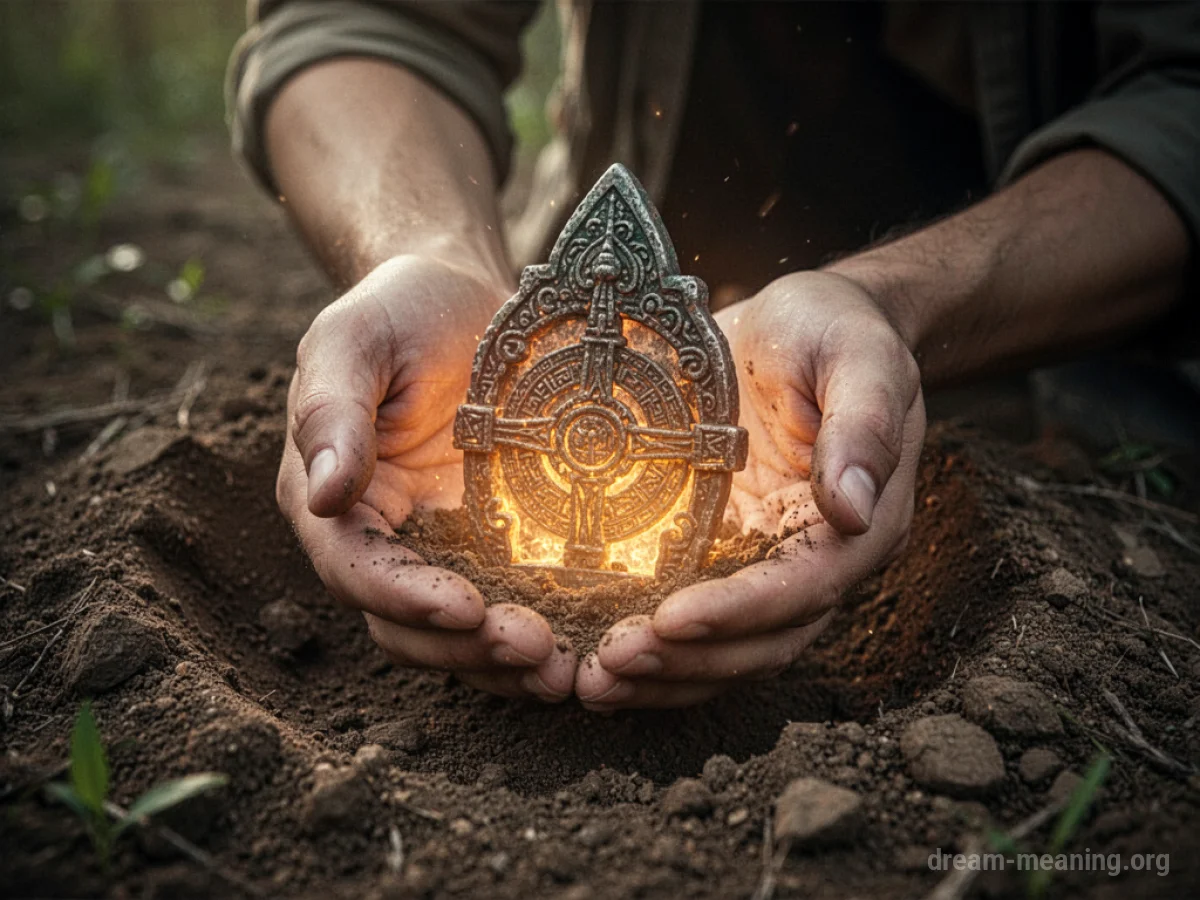 Hands holding a luminous, ancient artifact partially buried in soil.