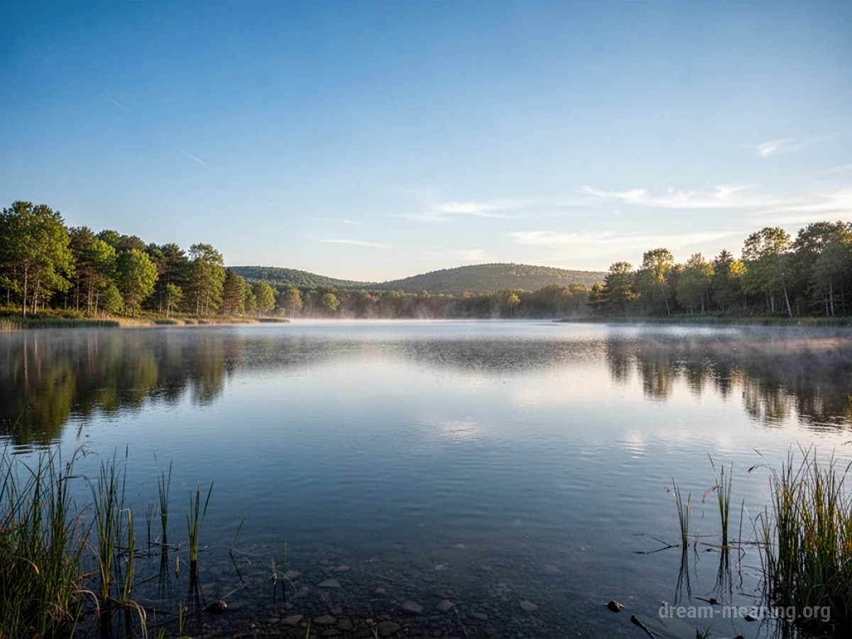 A calm lake reflecting a clear sky.