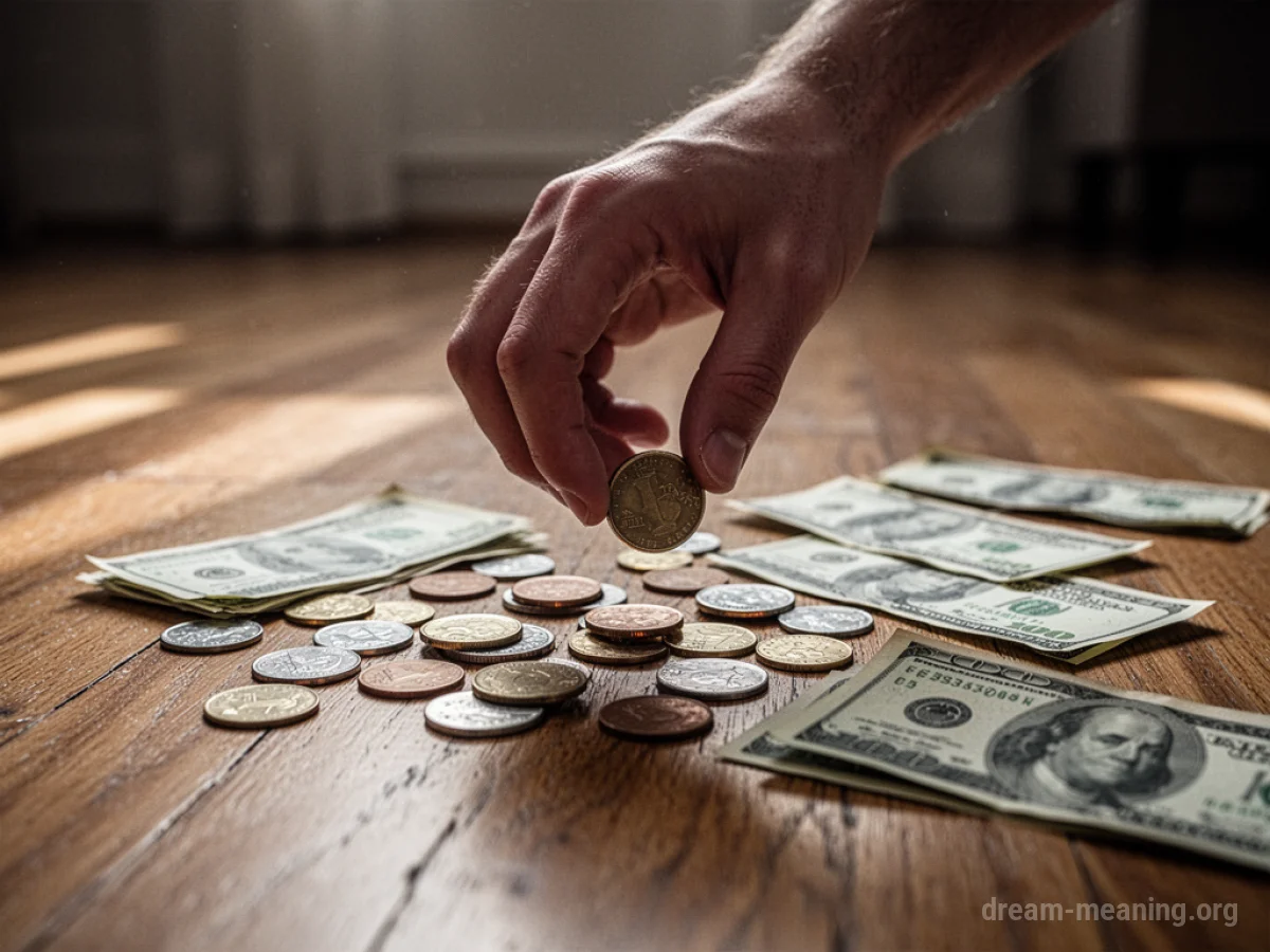 A hand picking up money from a floor.