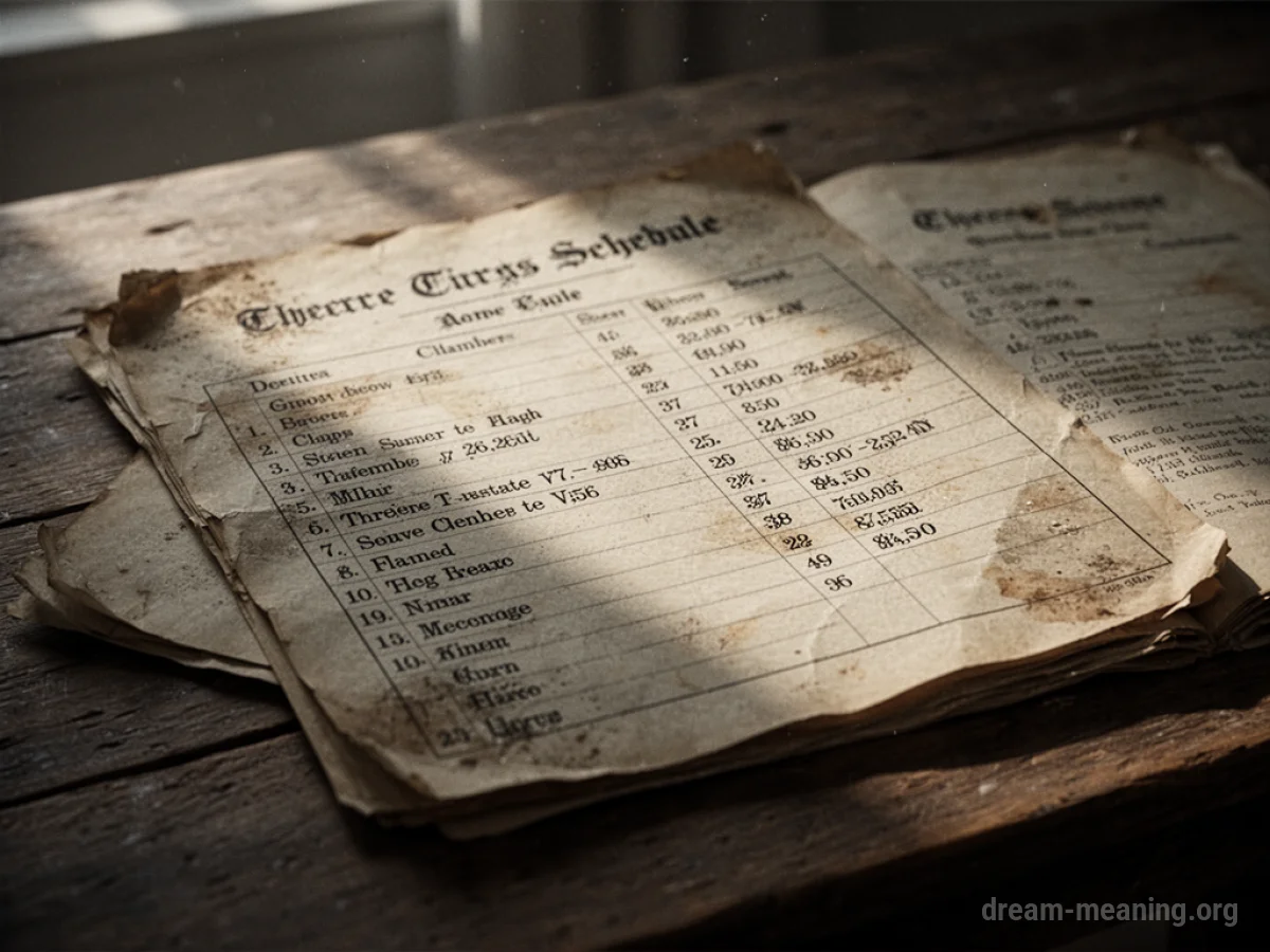 A faded paper schedule on a wooden table.