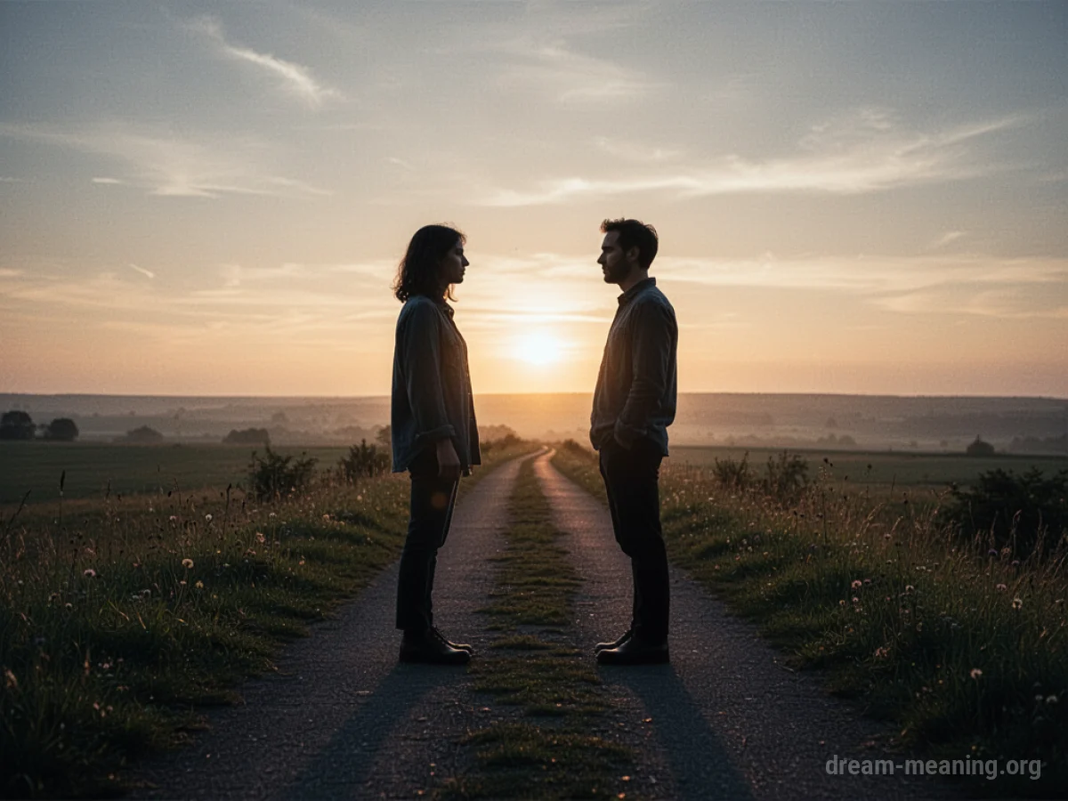 Two silhouetted figures facing each other on a path toward a bright horizon.