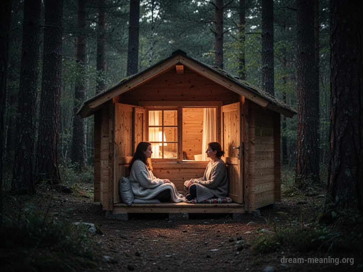 A person resting inside a small, lit cabin in a dark forest.
