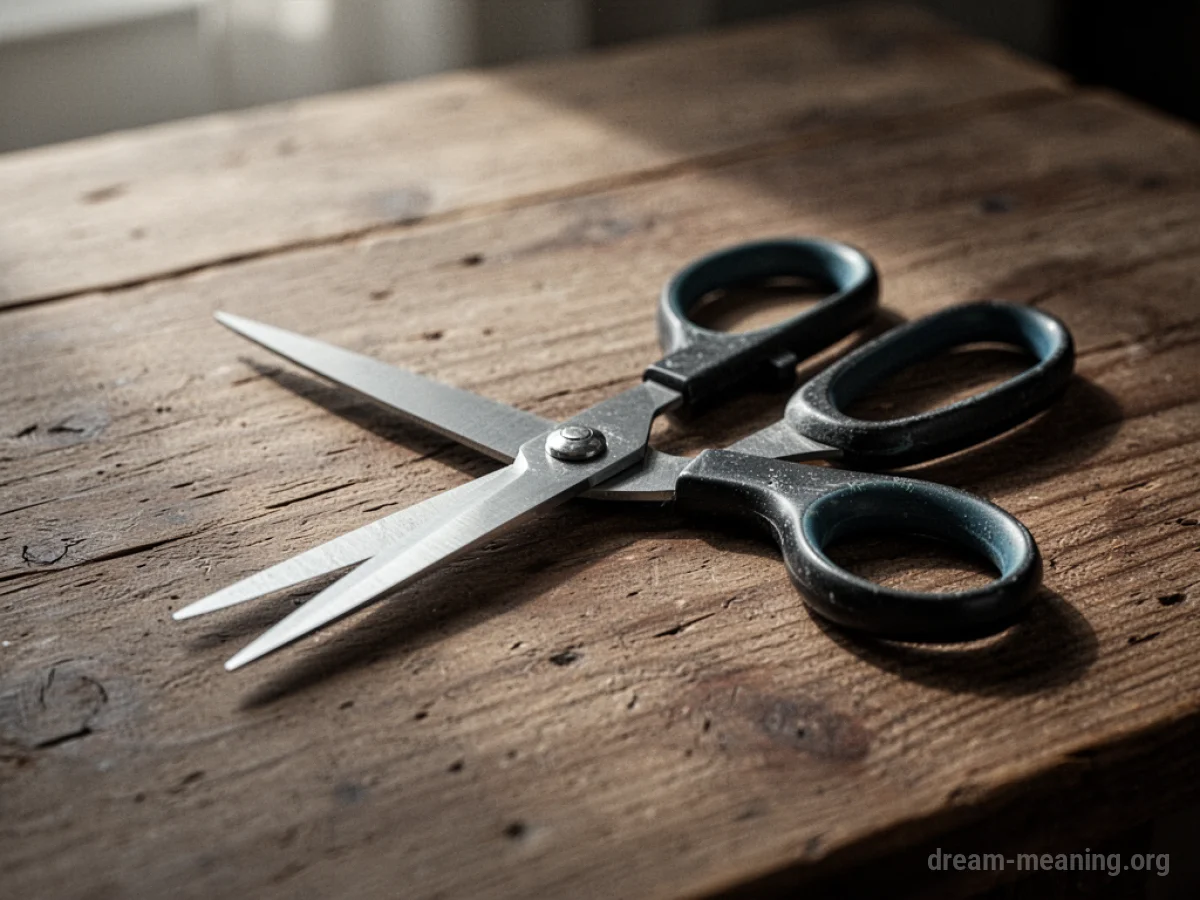 A pair of open scissors on a wooden table.