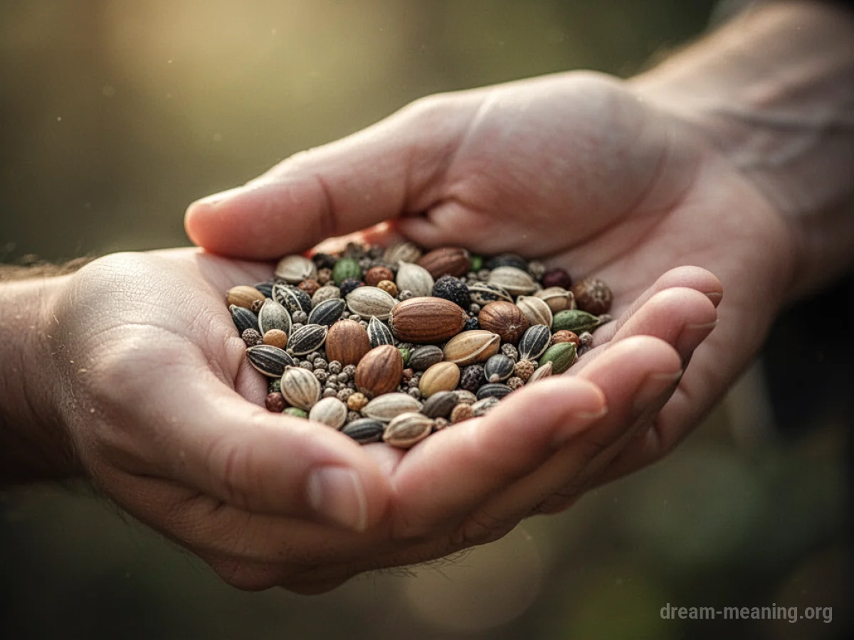 A person's hand holding several small seeds.