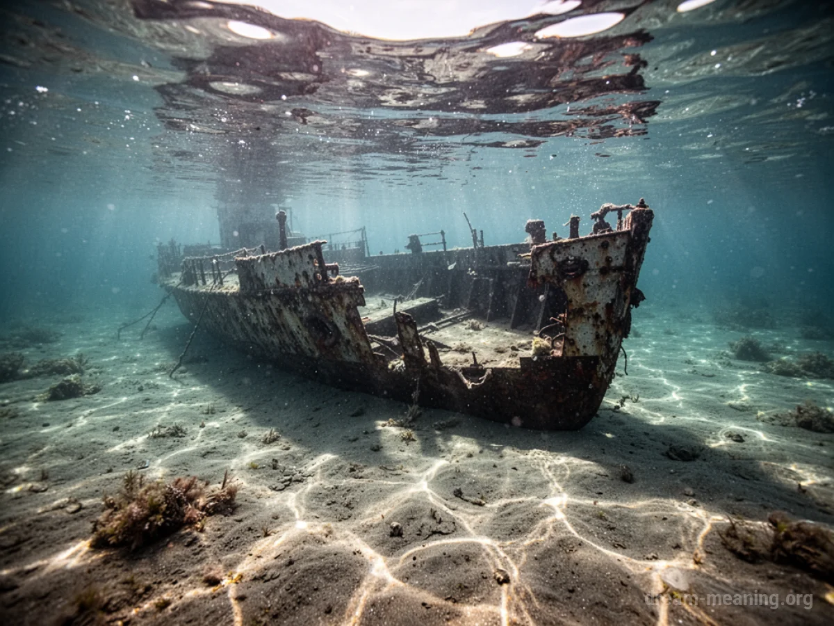 A broken ship hull resting on the ocean floor, partially covered by sand and seaweed.