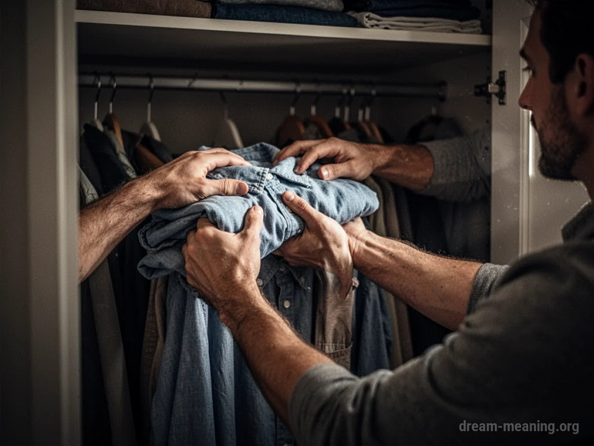 Hands reaching for a shirt in a closet.