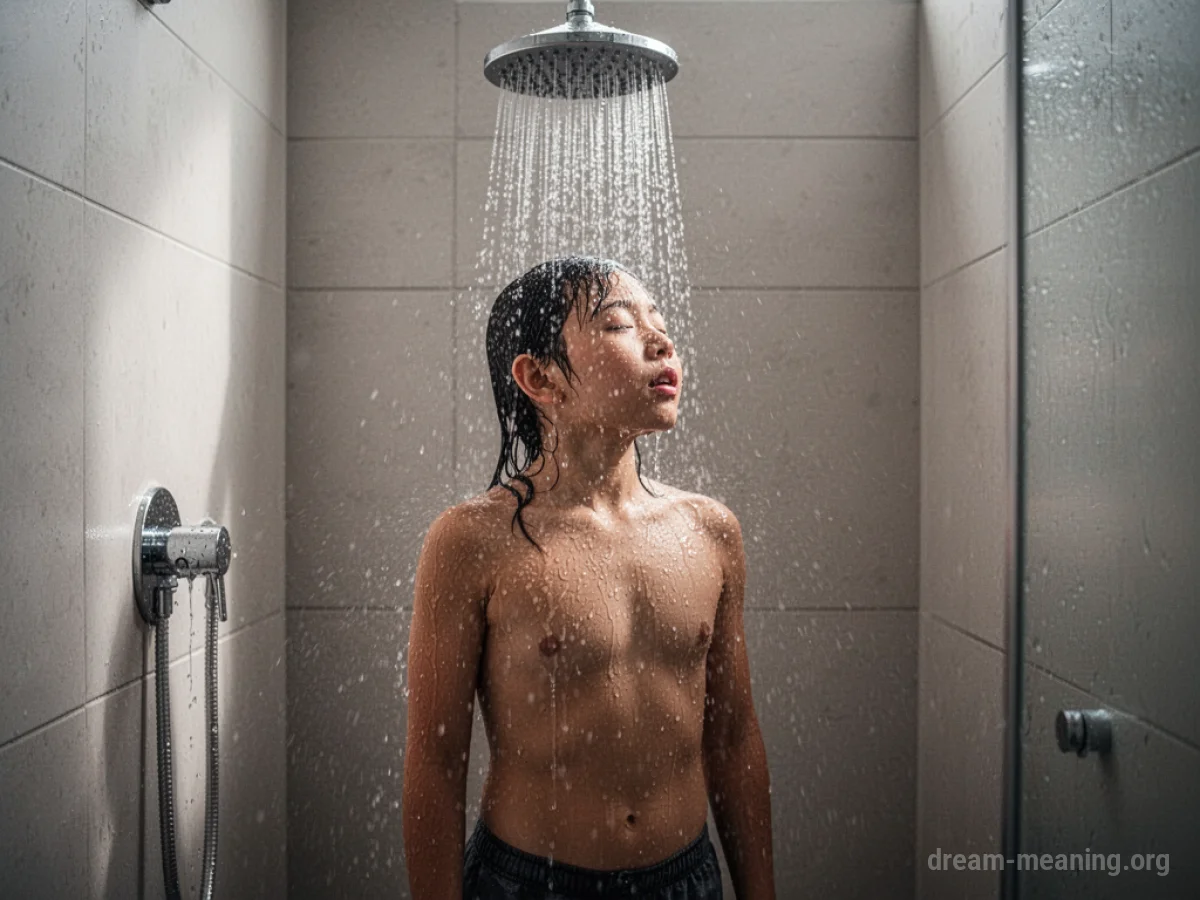A person standing under a shower head with water falling.