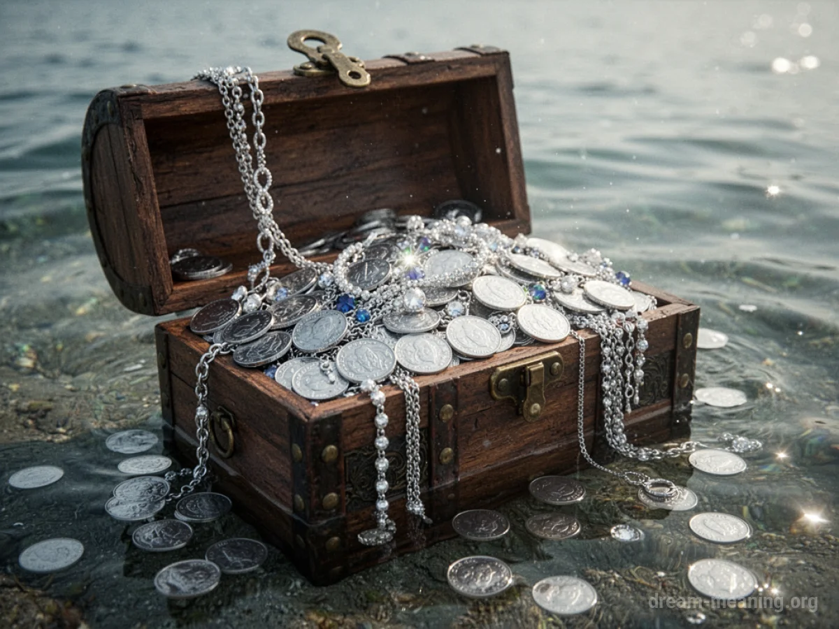 An open chest filled with silver coins and jewelry.