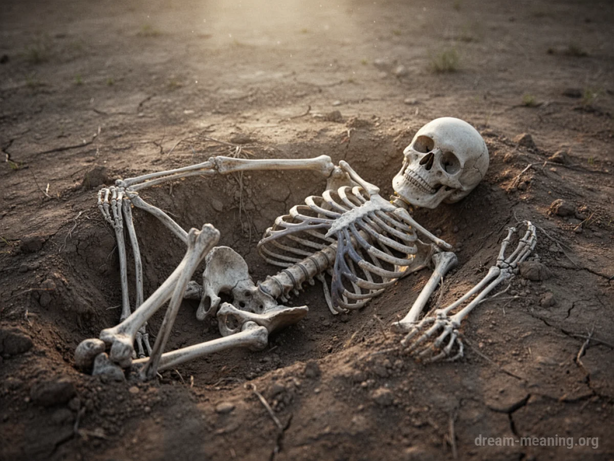 A clean skeleton partially visible in dry, cracked earth.