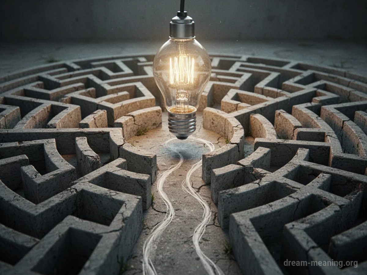 A glowing lightbulb above a tangled maze with a distinct path leading out.