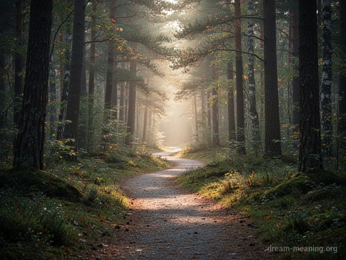 A winding path through a forest towards a distant light.