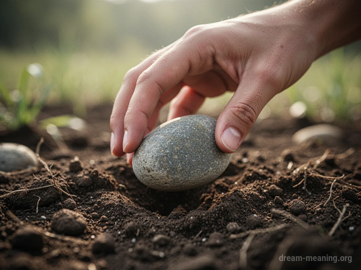 A hand reaching down to pick up a stone from the ground.