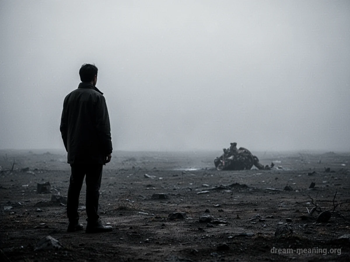 A distant silhouette of a person looking at another indistinct shape on barren ground.