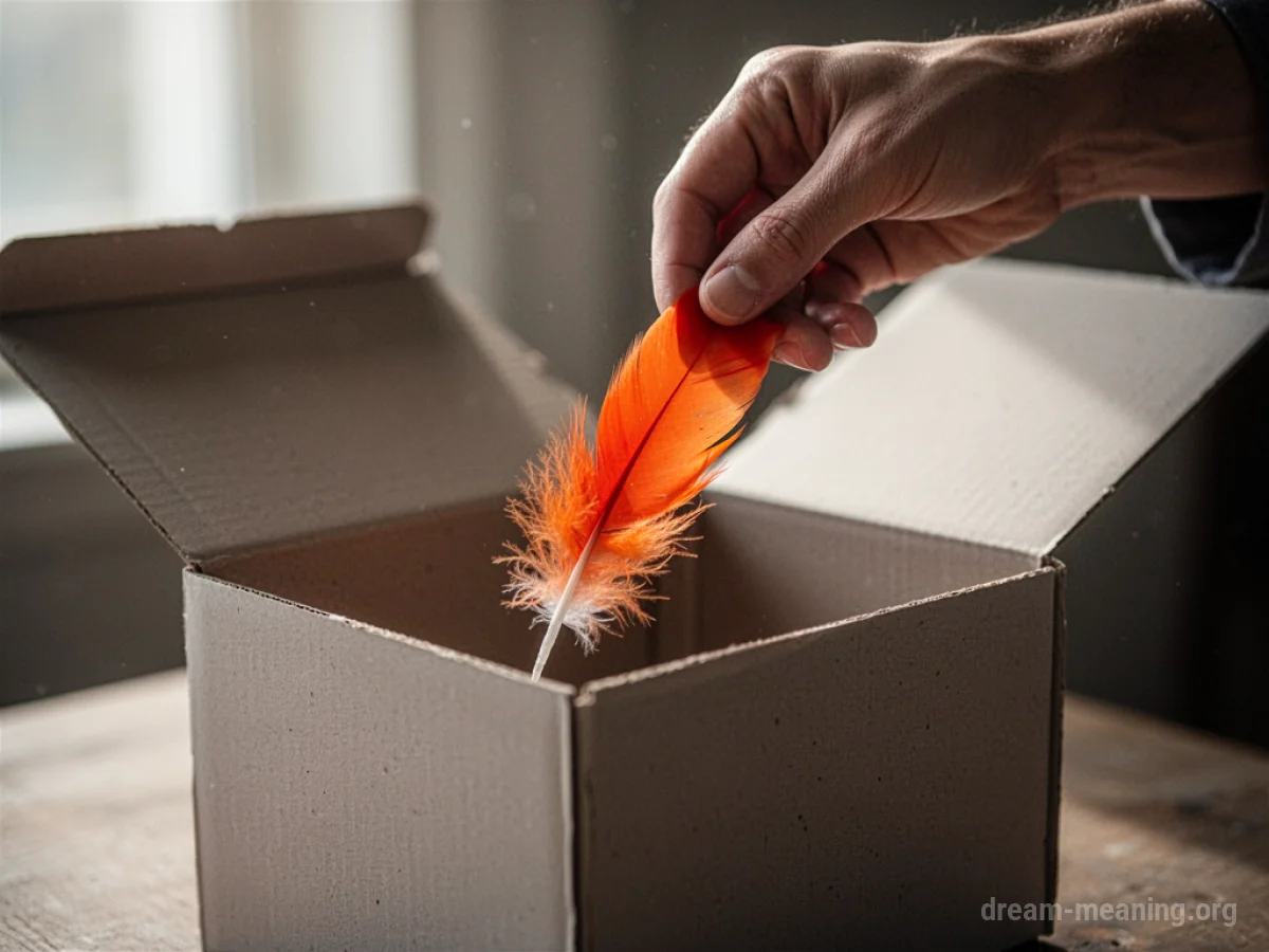 A hand emerging from a box holding a vibrant feather.