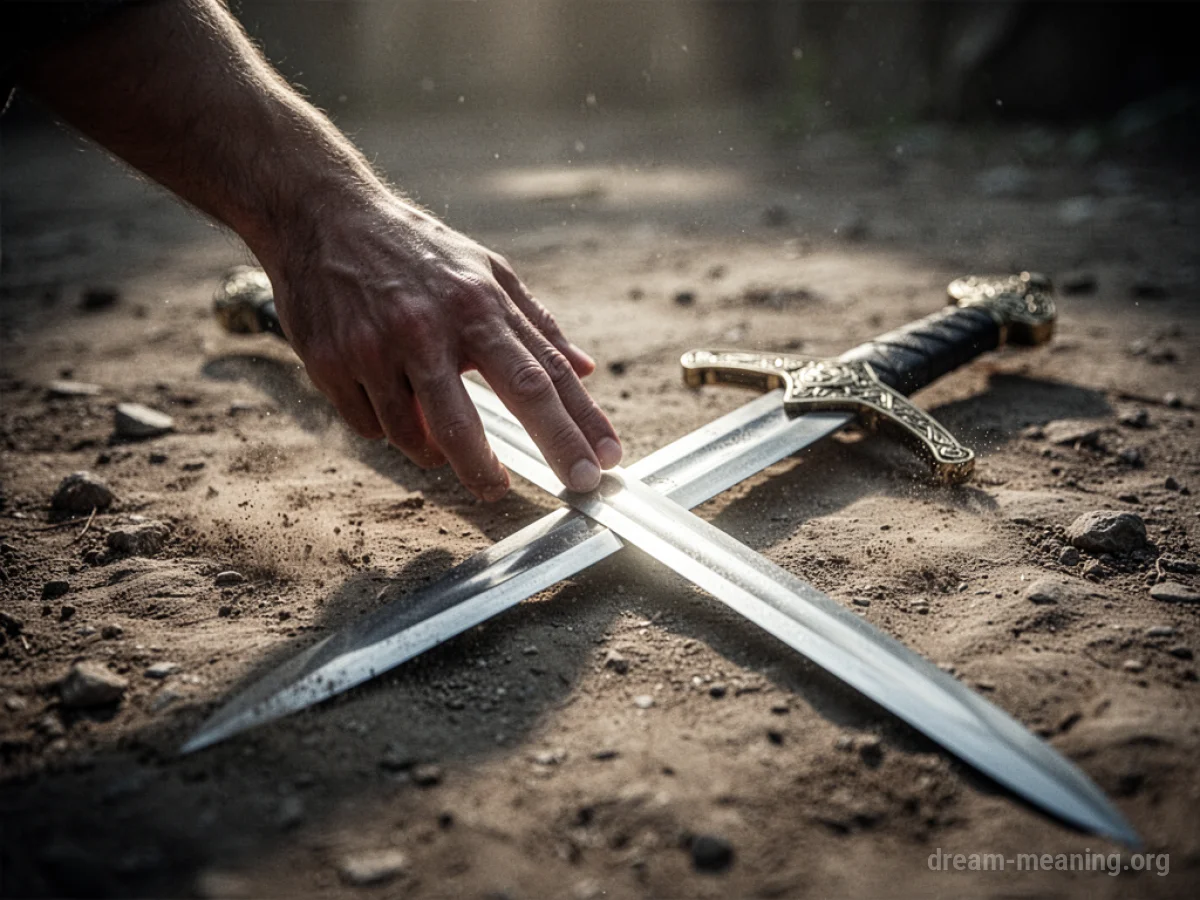 A hand reaching for a sword on the ground.