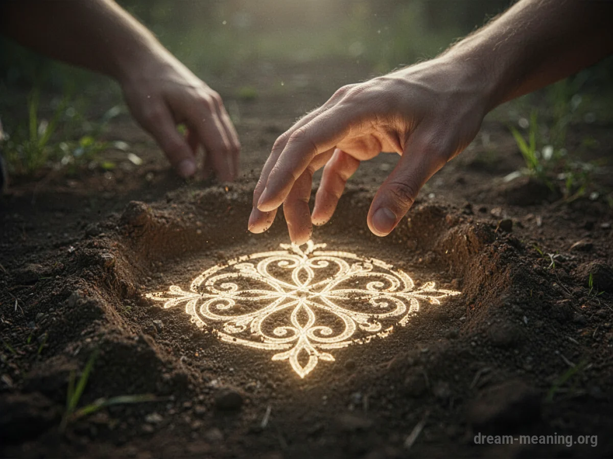 A hand reaching towards a glowing symbol emerging from the ground.