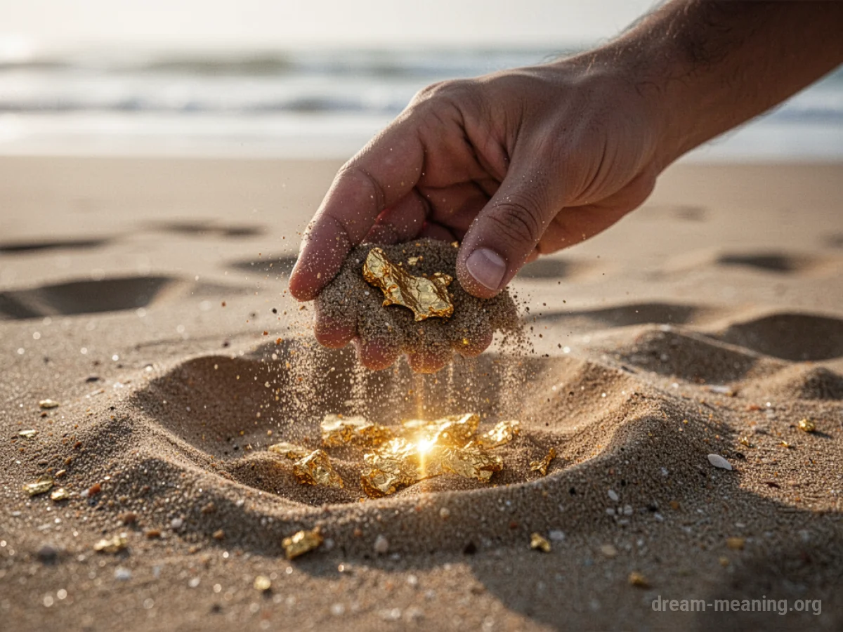 A hand sifting through sand, revealing a glint of gold.