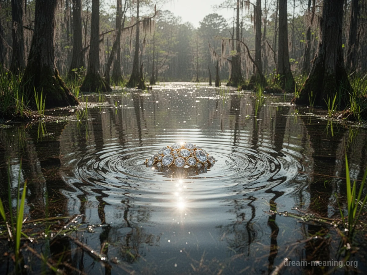 Sunlight reflecting off a golden object within shallow swamp water.