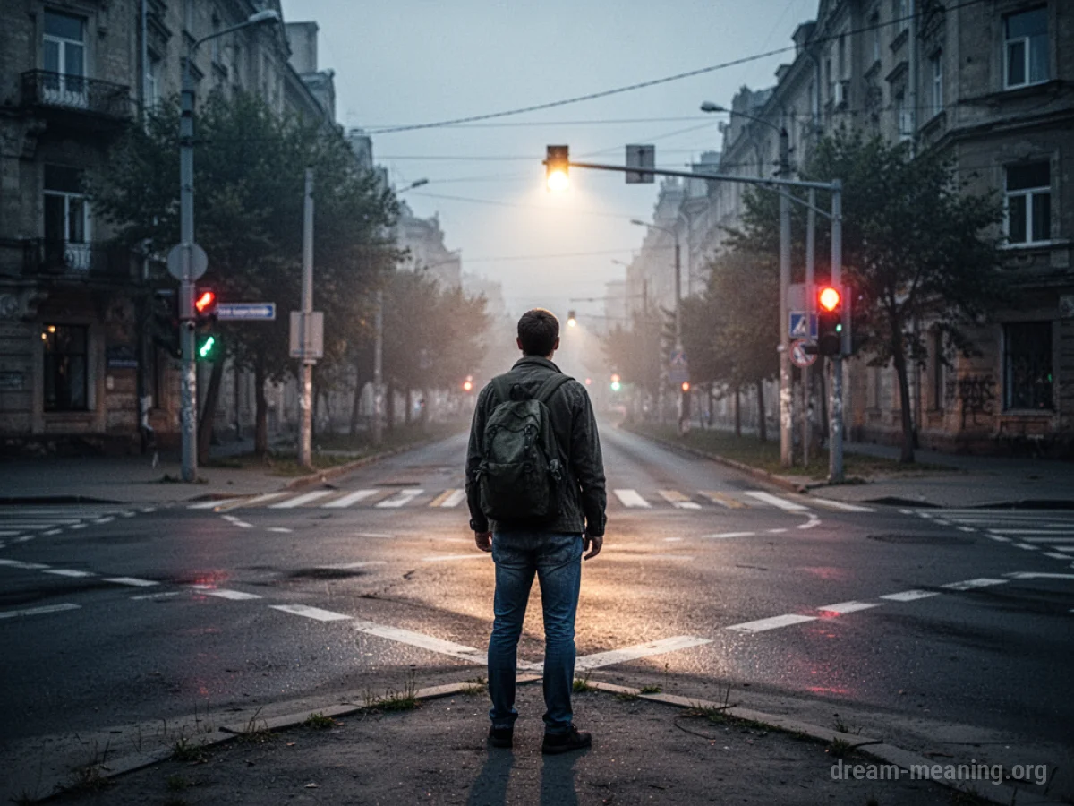 Silhouette of a person at a fork in the road facing a bright light.