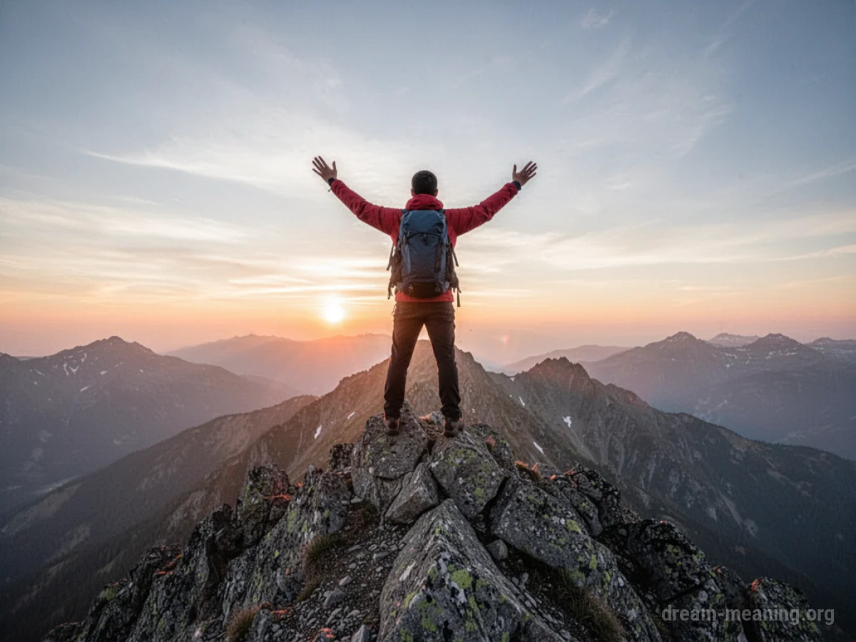 Silhouette of a person reaching the top of a mountain at sunrise.