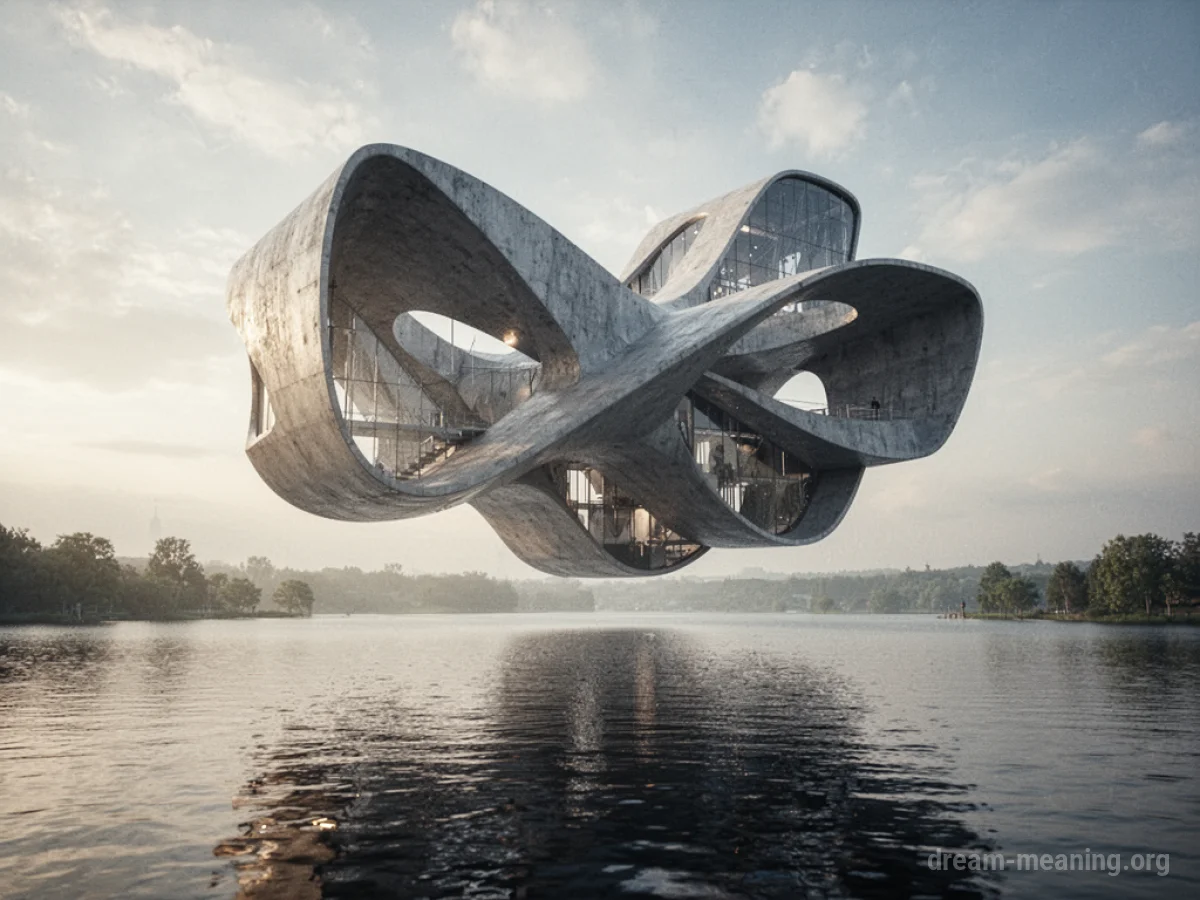 An architectural structure suspended in the air over water.