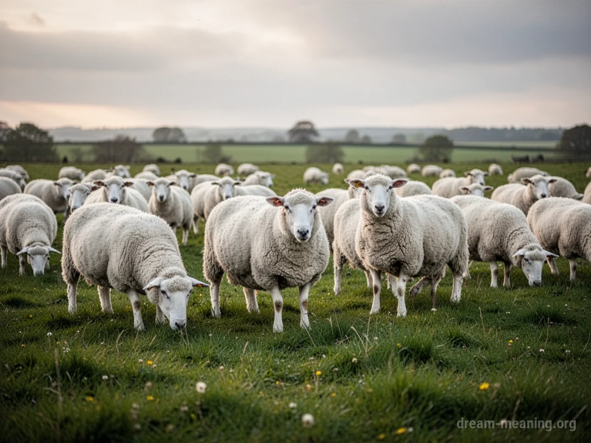 A wide view of many white sheep gathered together in a grassy field.