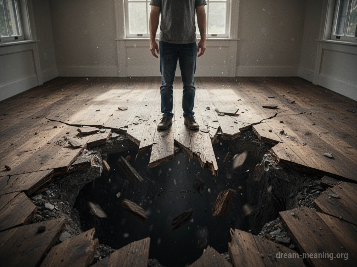 A person standing on a cracking wooden floor with a dark abyss beneath them.