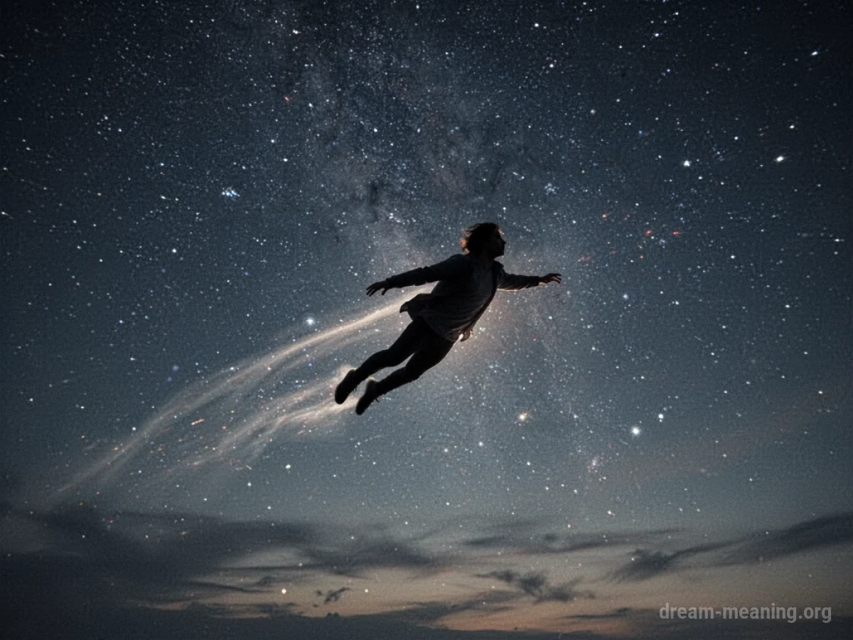 Silhouette of a person flying swiftly through the night sky.