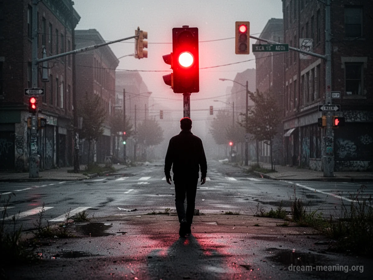 A solitary figure walking towards a red traffic signal light.