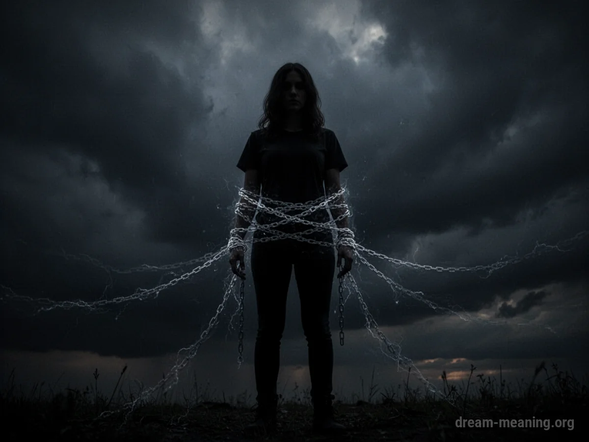 Silhouette of a person with arms bound by faint chains against a dark sky.