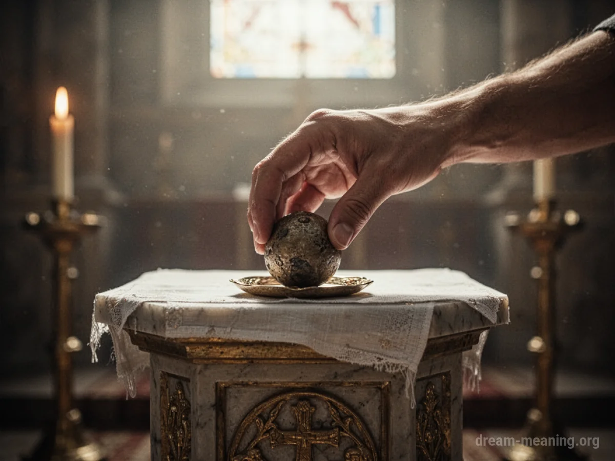 A hand pushing an object onto a stone altar.