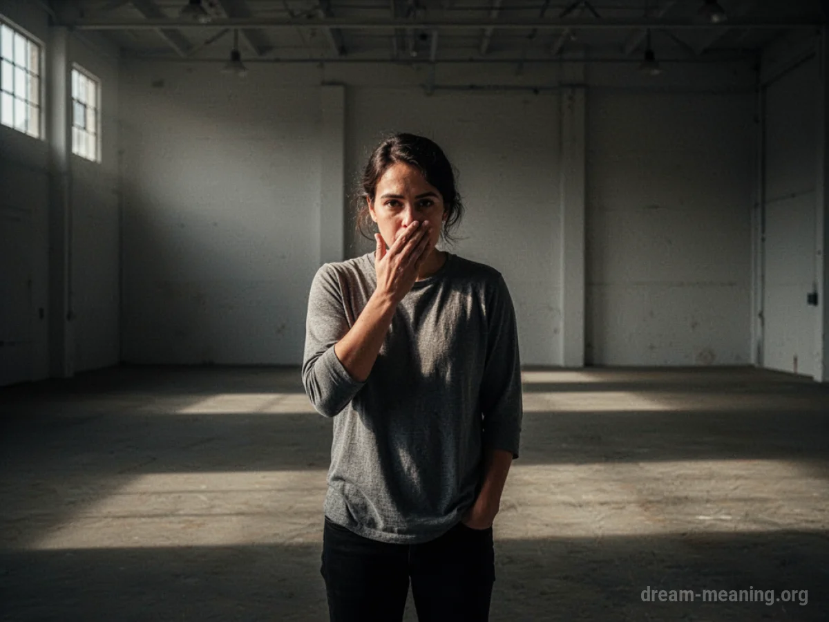 Person covering their mouth in a shadowed, empty expanse.
