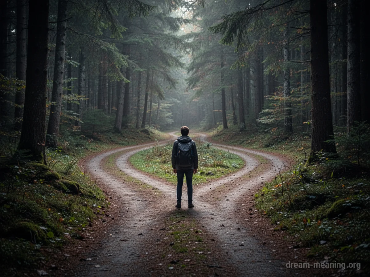 A person stands at a fork in a path, facing two directions.