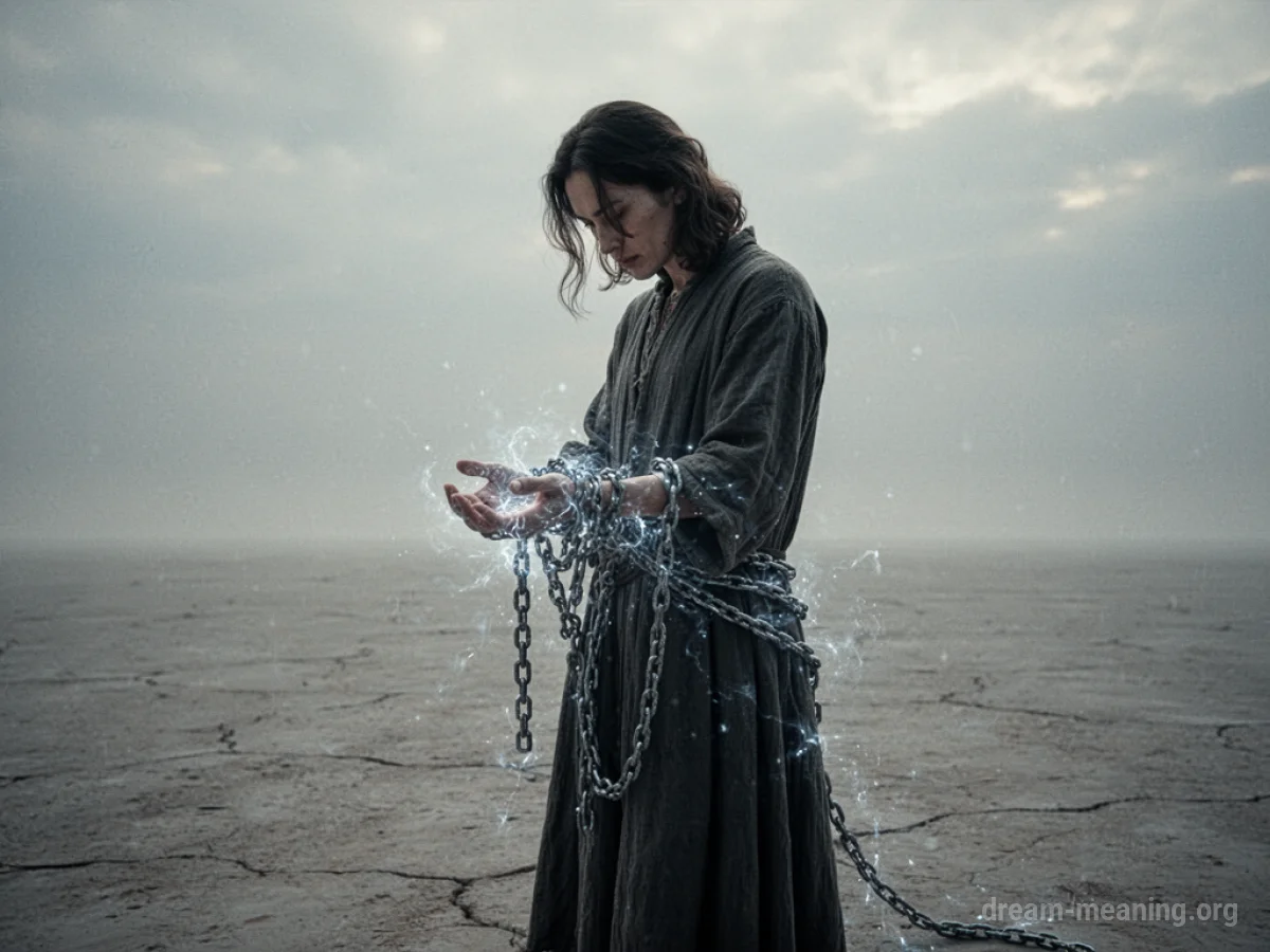 A silhouette of a person with their hands bound by faint, glowing chains in a dark, empty void.
