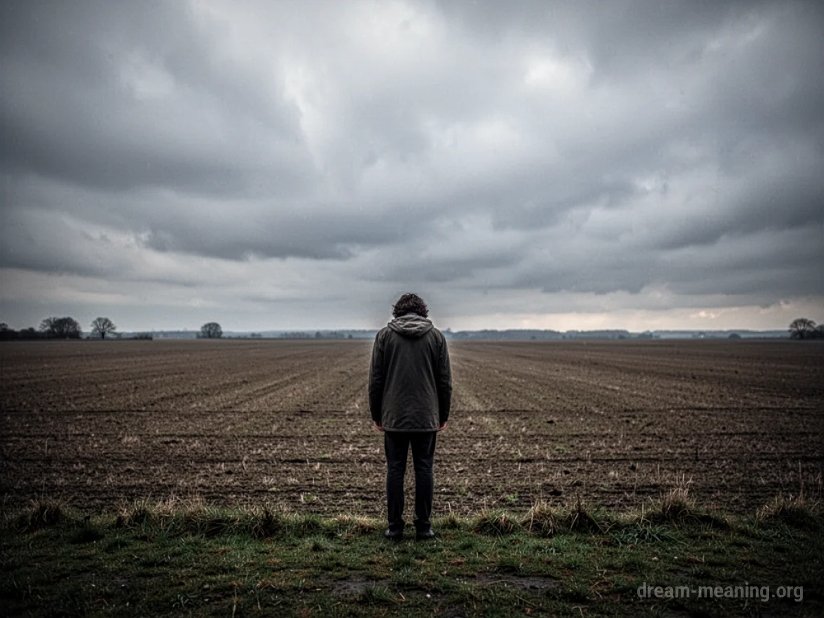 Silhouette of a person standing in a large, desolate field.