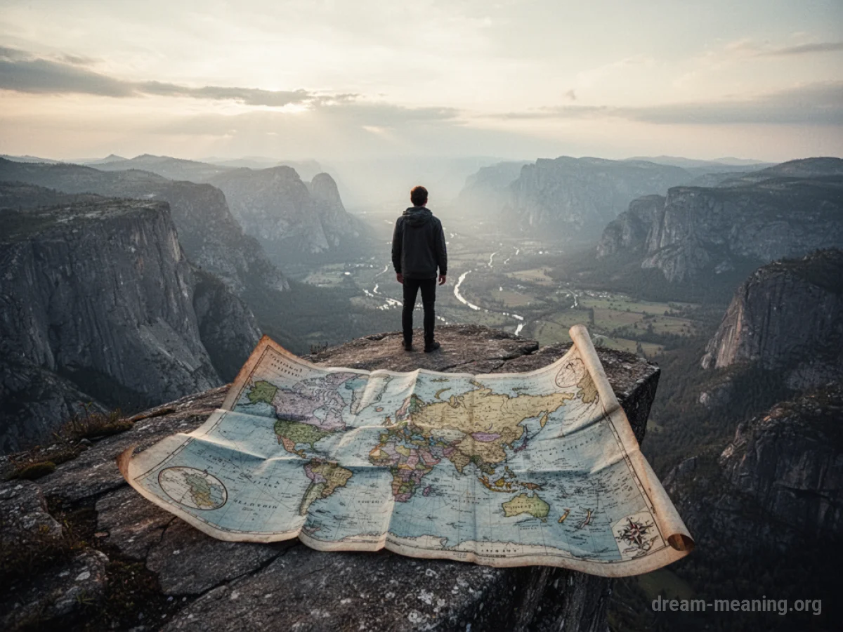 A person looking at a map on a cliff overlooking a foreign land.