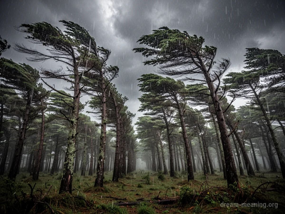 Tall trees in a dense forest being battered by wind and rain under a dark, stormy sky.