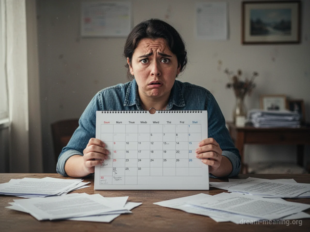 A person looking at a blank calendar with papers scattered around them.