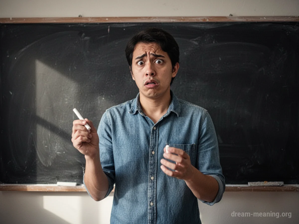A person stands before an empty chalkboard holding chalk.