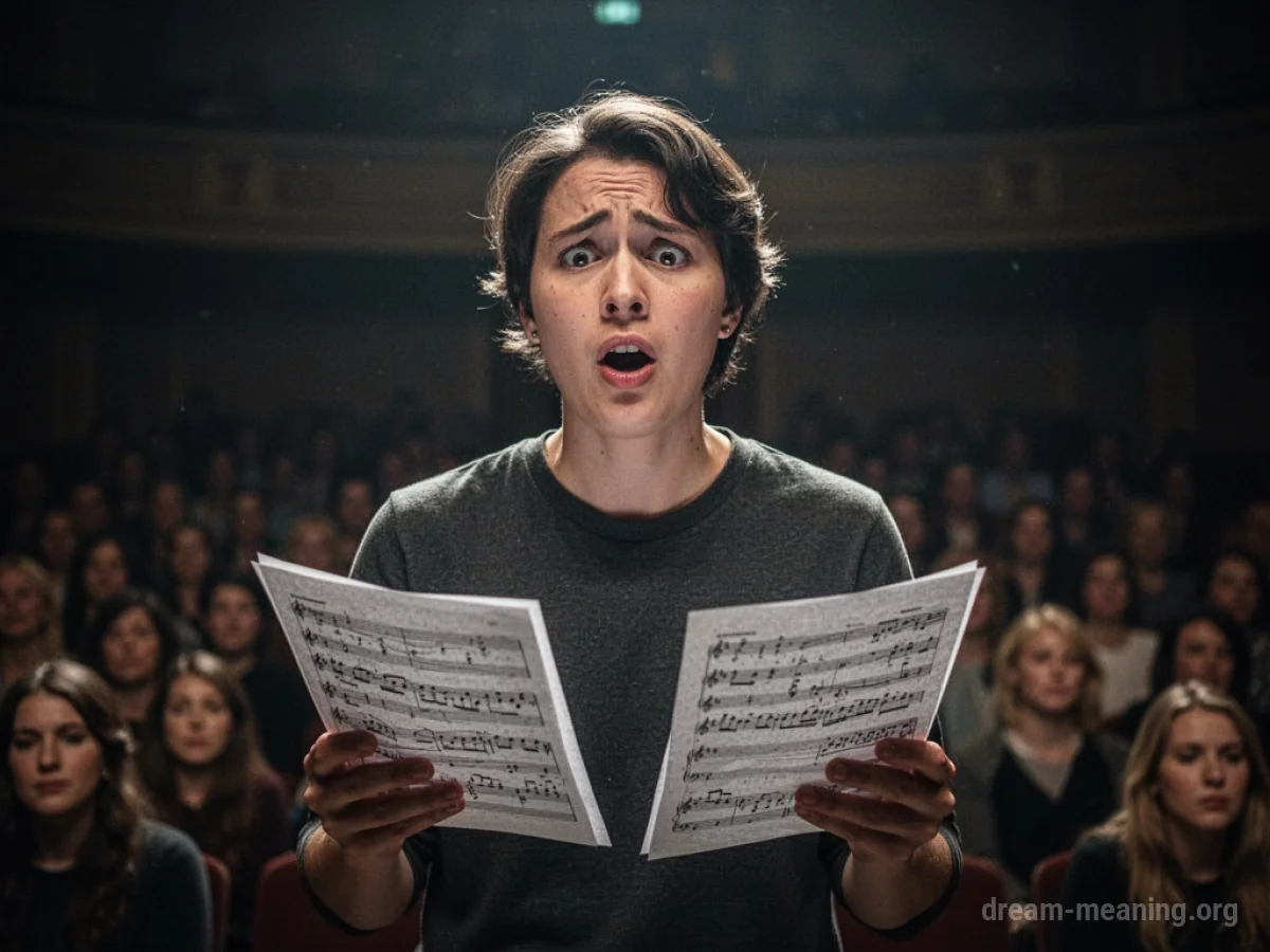 A person on a stage looking confused at sheet music.