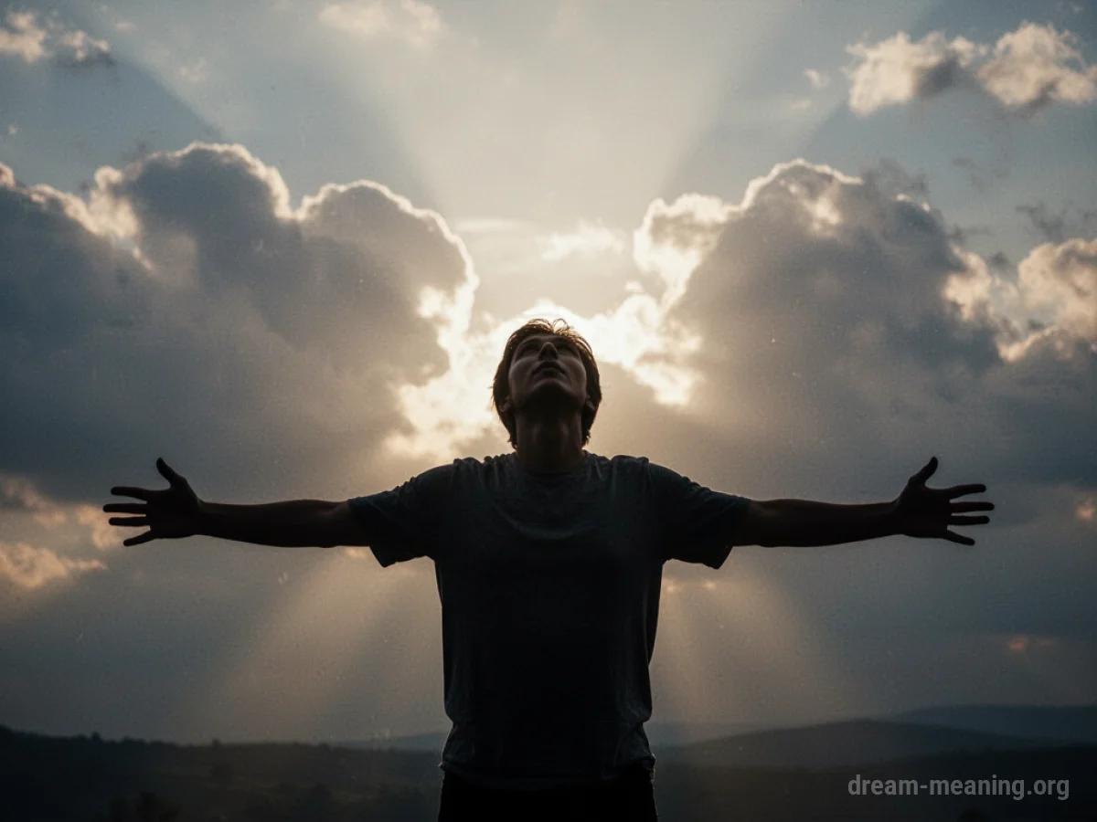 Silhouette of a person with arms raised towards a light in the sky.