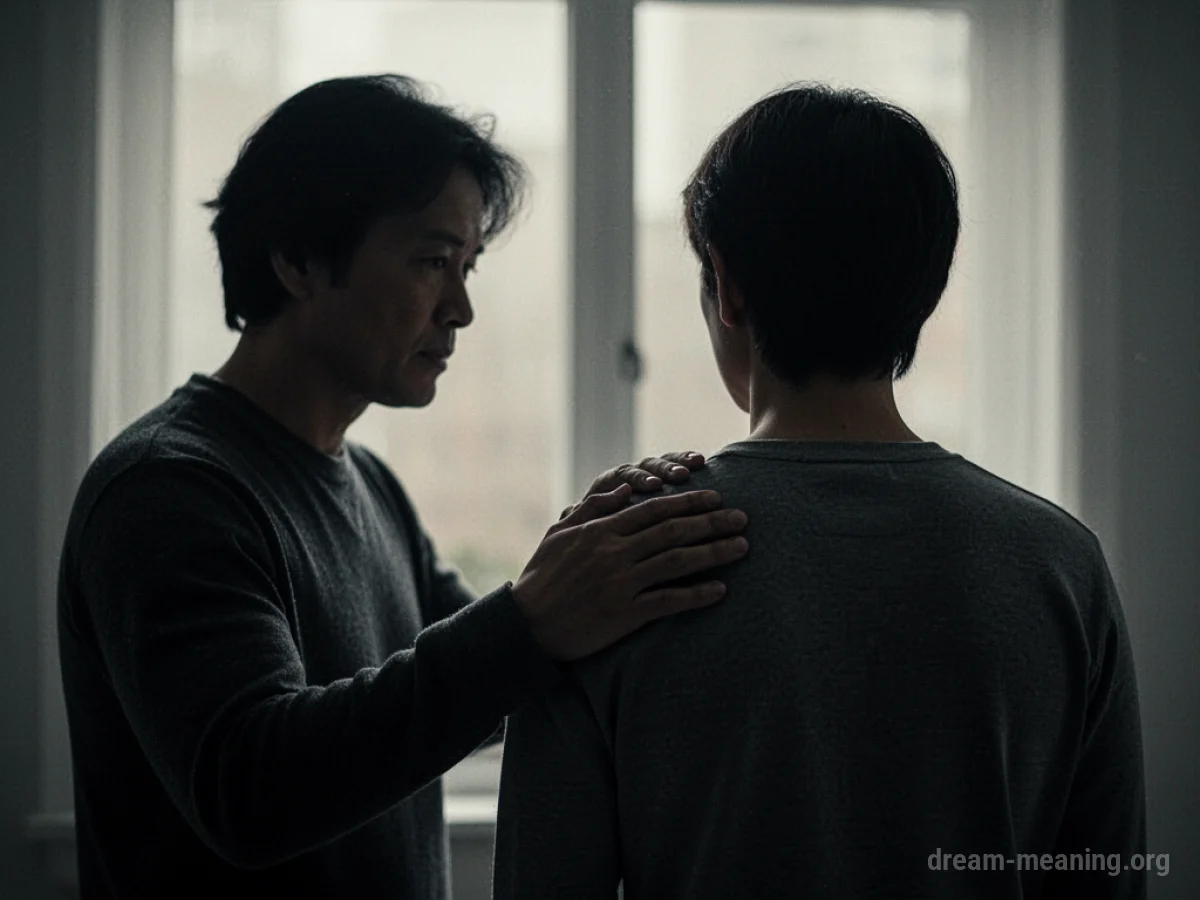Silhouette of one person comforting another.
