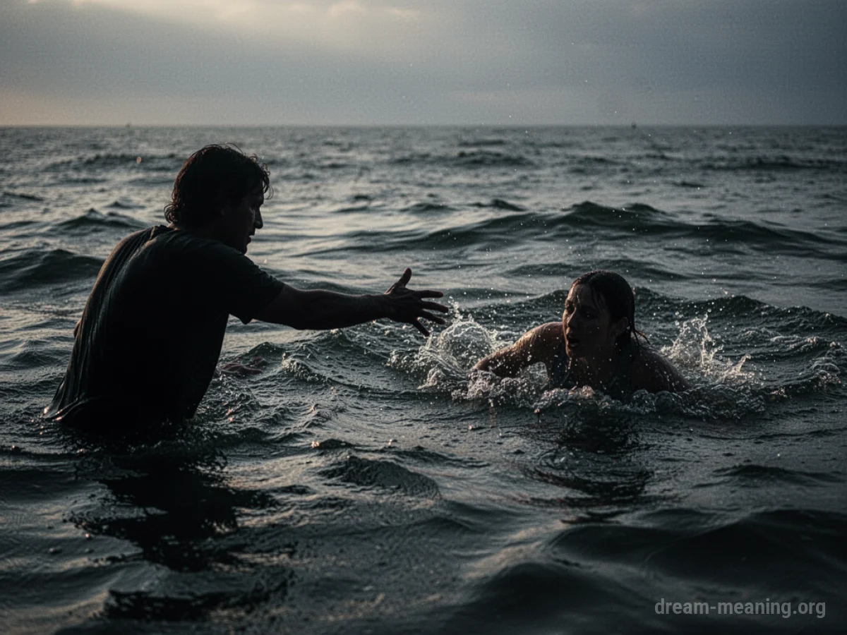 Silhouette of a person struggling in dark water with another figure reaching out.