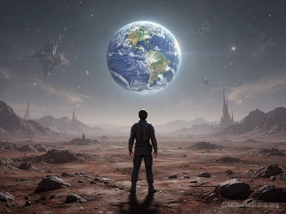 A lone person stands on a desolate planet, gazing at the Earth in the sky.