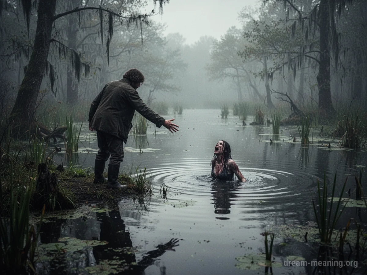 A person stands at the edge of a swamp, reaching towards another person in the water.