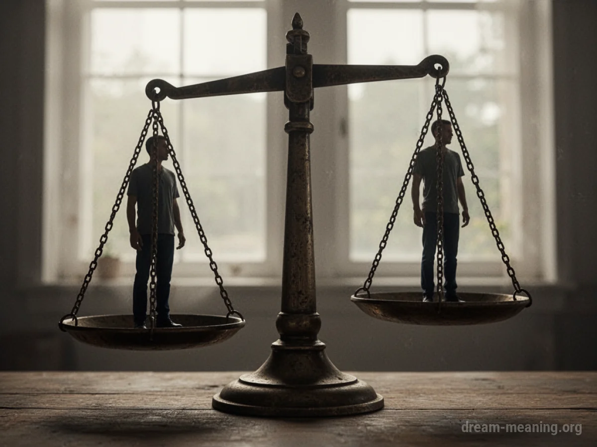A person standing on a balance scale with another figure opposite.