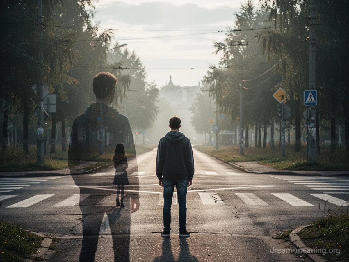 A person stands at a branching path, looking towards a faint figure ahead.