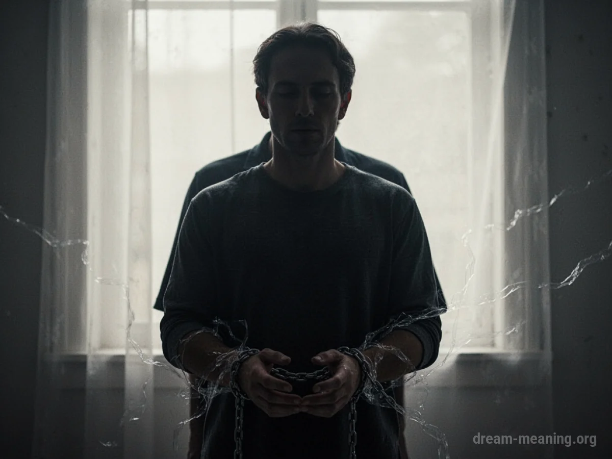 Silhouette of one person appearing to hold another person's wrists with faint, translucent chains.